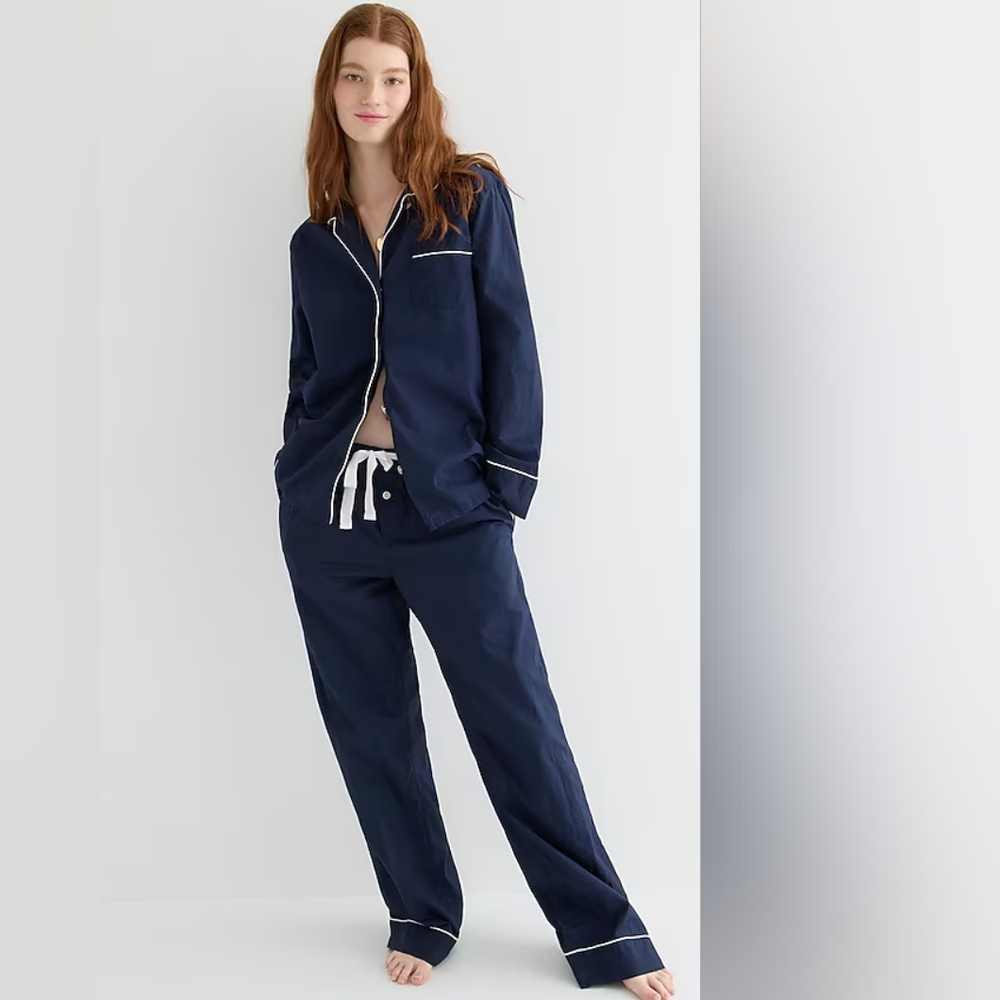 J crew End-on-end cotton long-sleeve pajama set navy and white piping medium